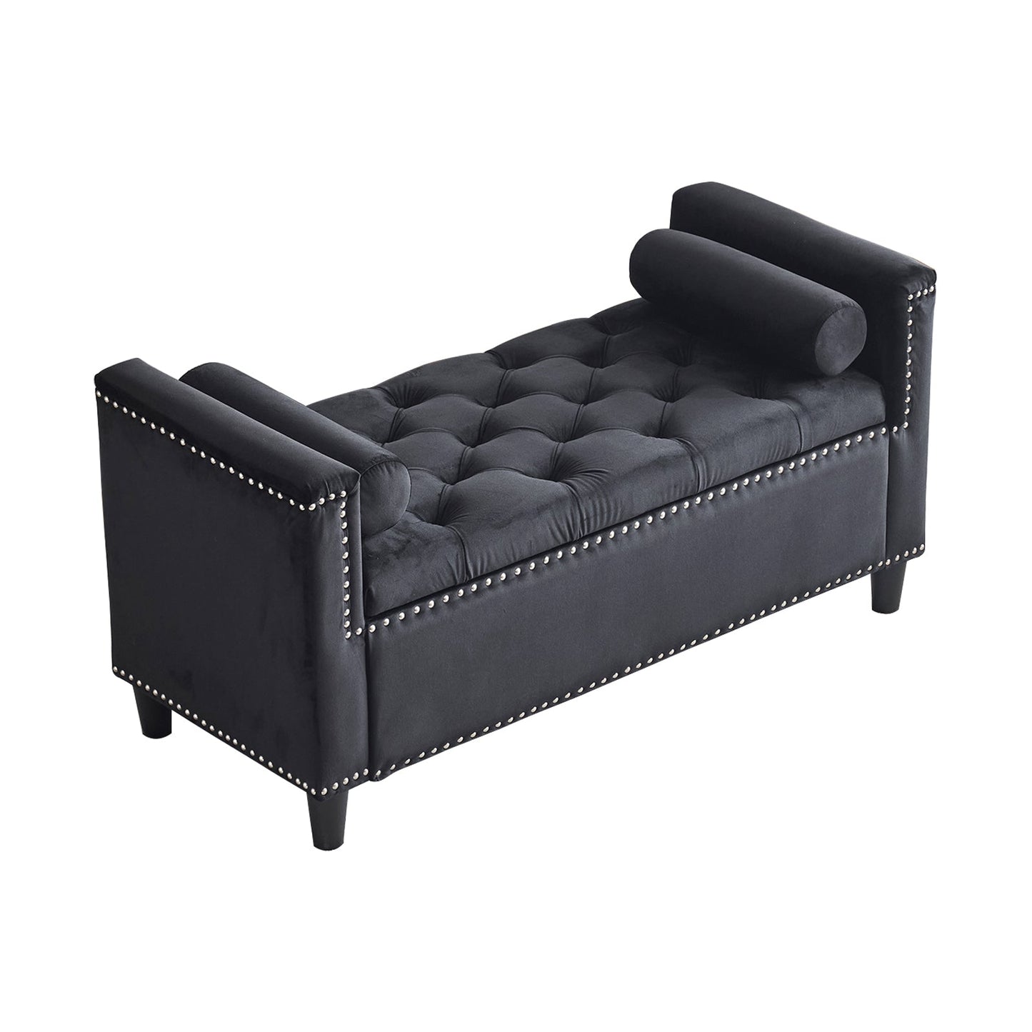 Storage Bench, 44.5-Inch Queen Velvet Button Bedside Bench, Entryway Living Room with Armrests, Nailhead Trim  Black - Korvel