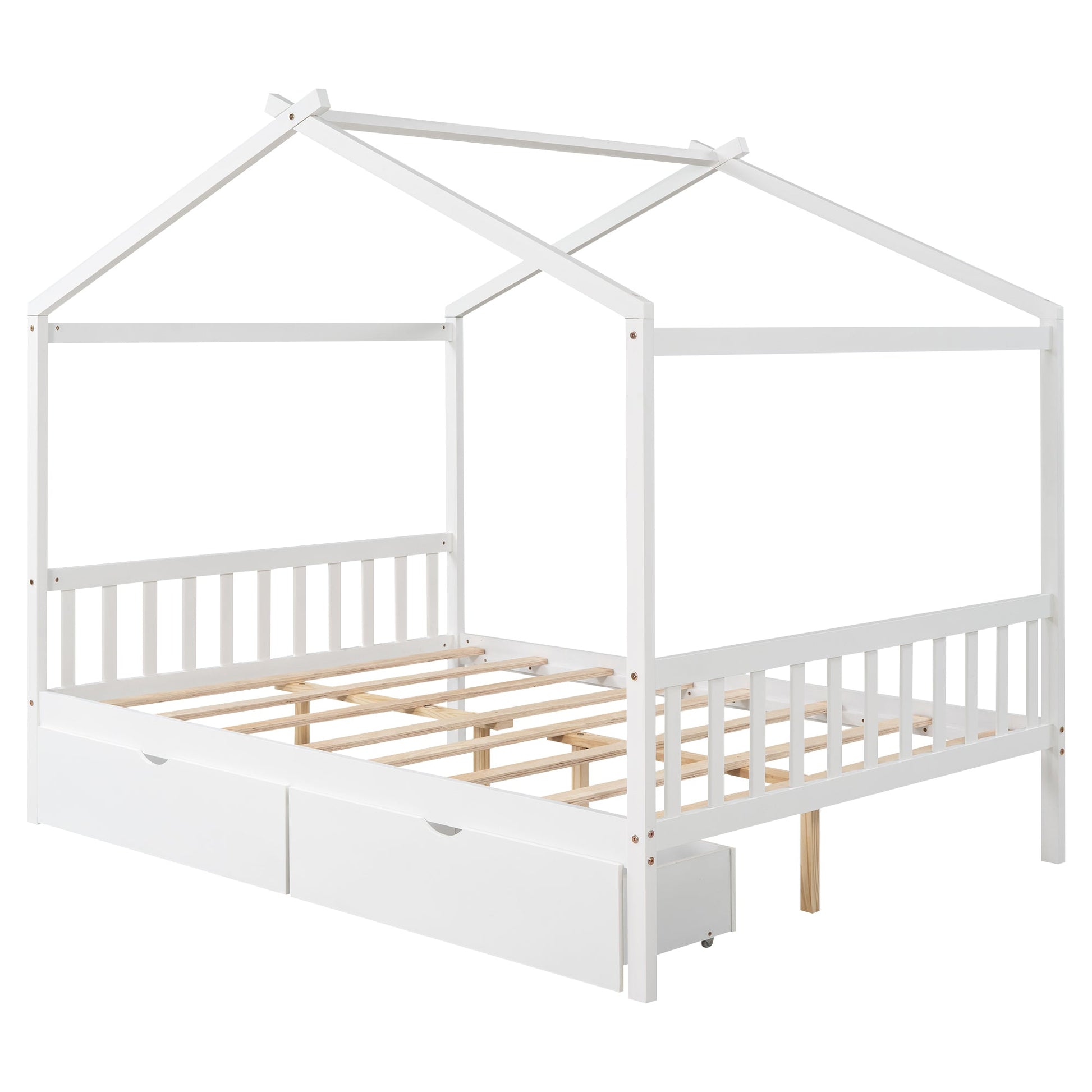 Full Size House Platform Bed with Two Drawers Headboard and Footboard,Roof Design White - Korvel