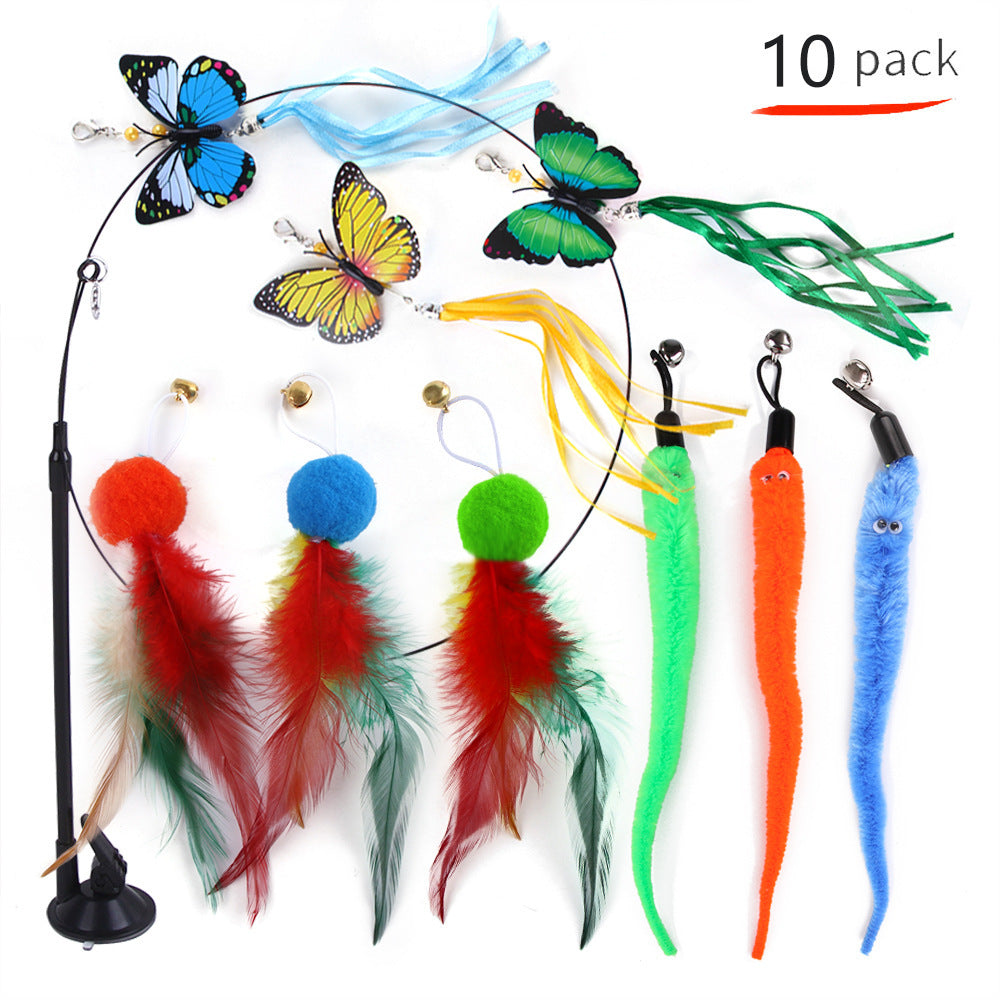 Suction cup cat toy stick that can be attached and held with steel wire multi head interchangeable cat toy and pet supplies - Korvel