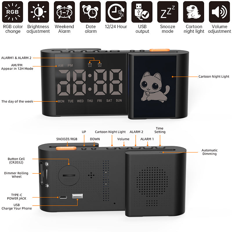 Creative S-shaped Dual-Screen RGB Alarm Clock with Night Light