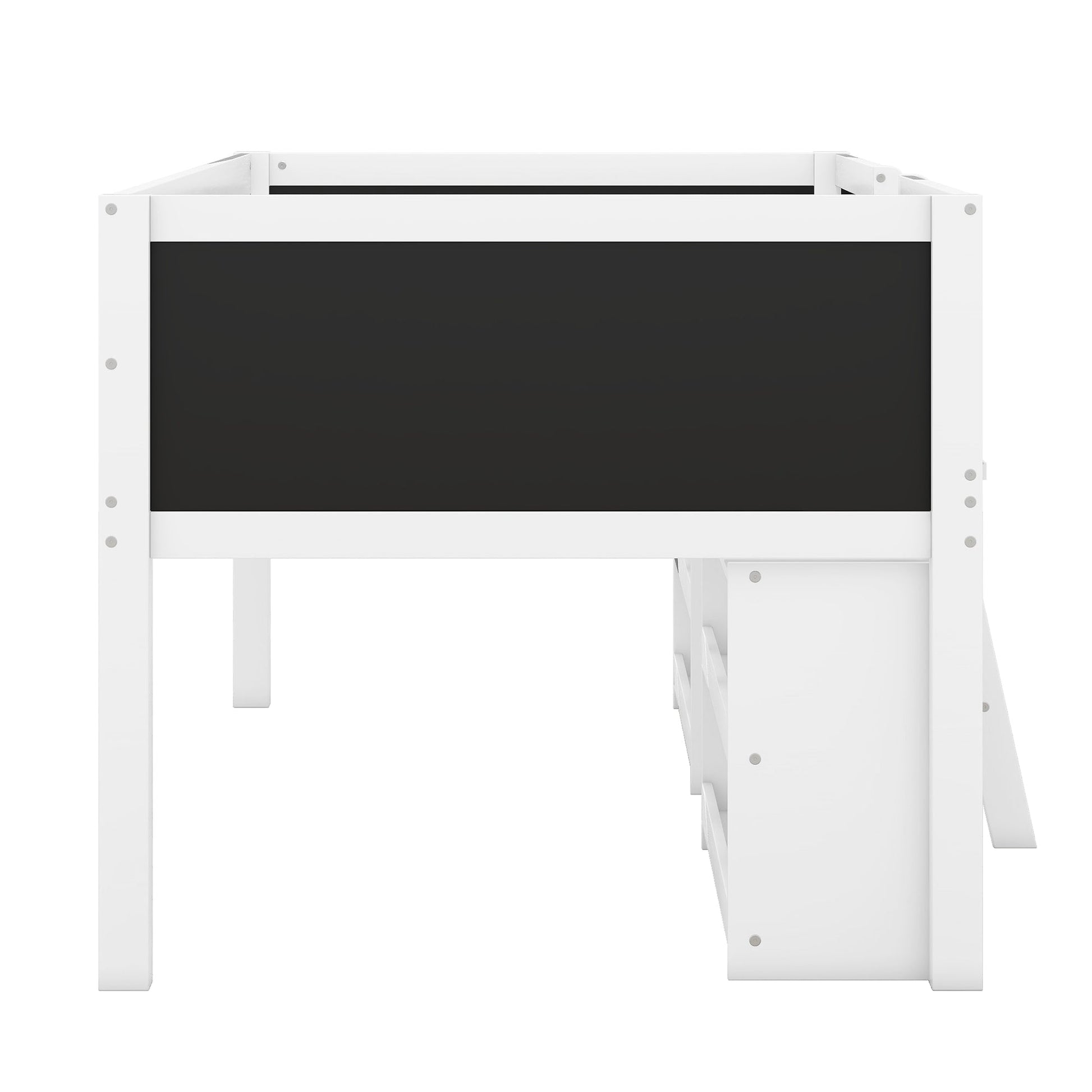 Twin Size Low Loft Bed with Two Movable Shelves and Ladder,with Decorative Guardrail Chalkboard,White - Korvel