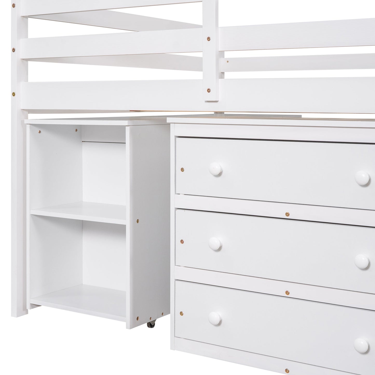 Low Study Full Loft Bed with Cabinet Shelves and Rolling Portable Desk Multiple Functions Bed- White - Korvel