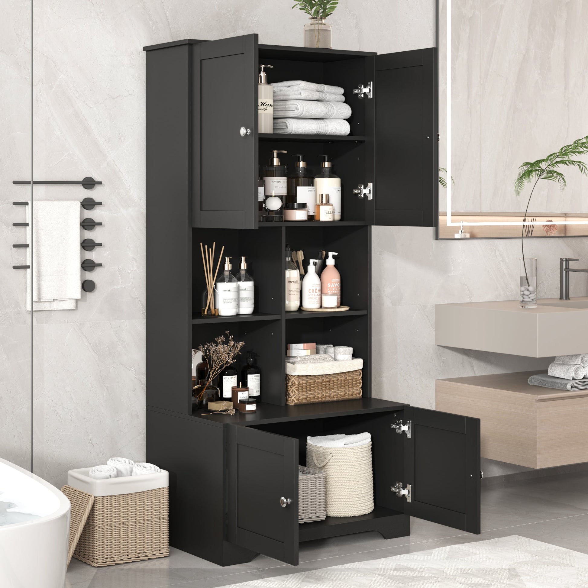 Bathroom storage cabinet, 4-door independent cabinet, adjustable shelf, open multi-layer shelf, black - Korvel