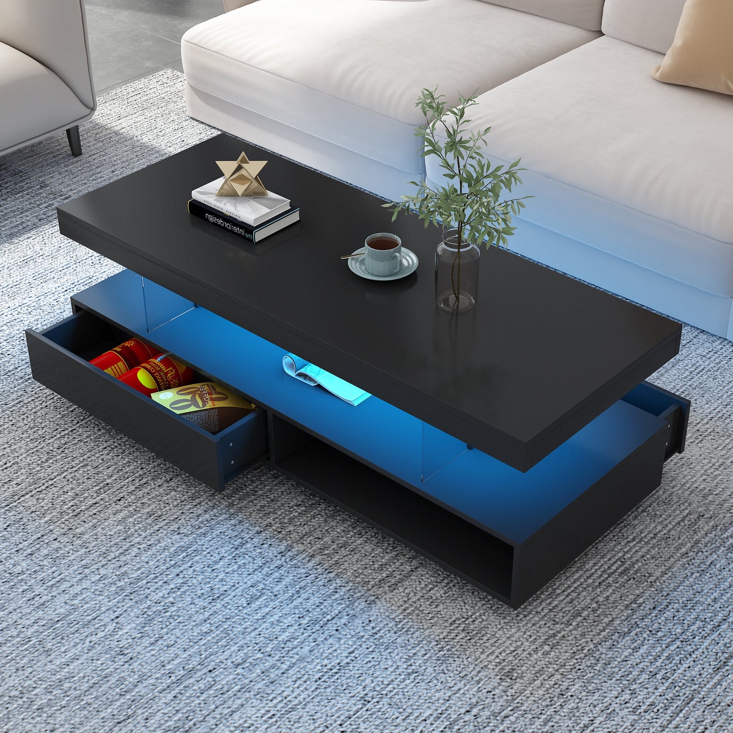 U-Can LED coffee table with storage space, modern central table with 2 drawers and display rack, equipped with LED lights, black - Korvel