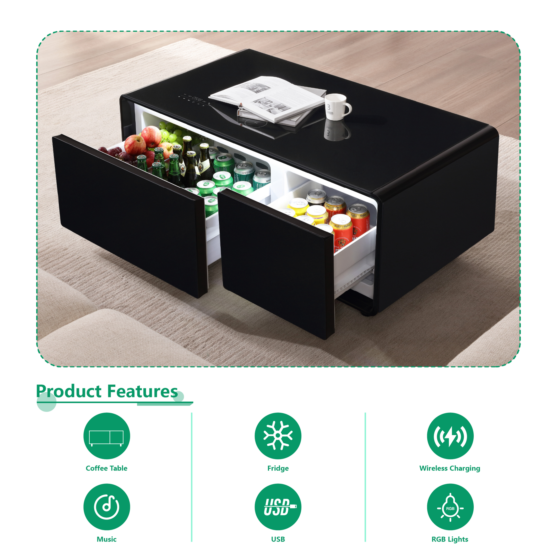 Modern Smart Coffee Table with Built-in Fridge, Bluetooth Speaker, Wireless Charging, Touch Control Panel, USB Interface Black - Korvel