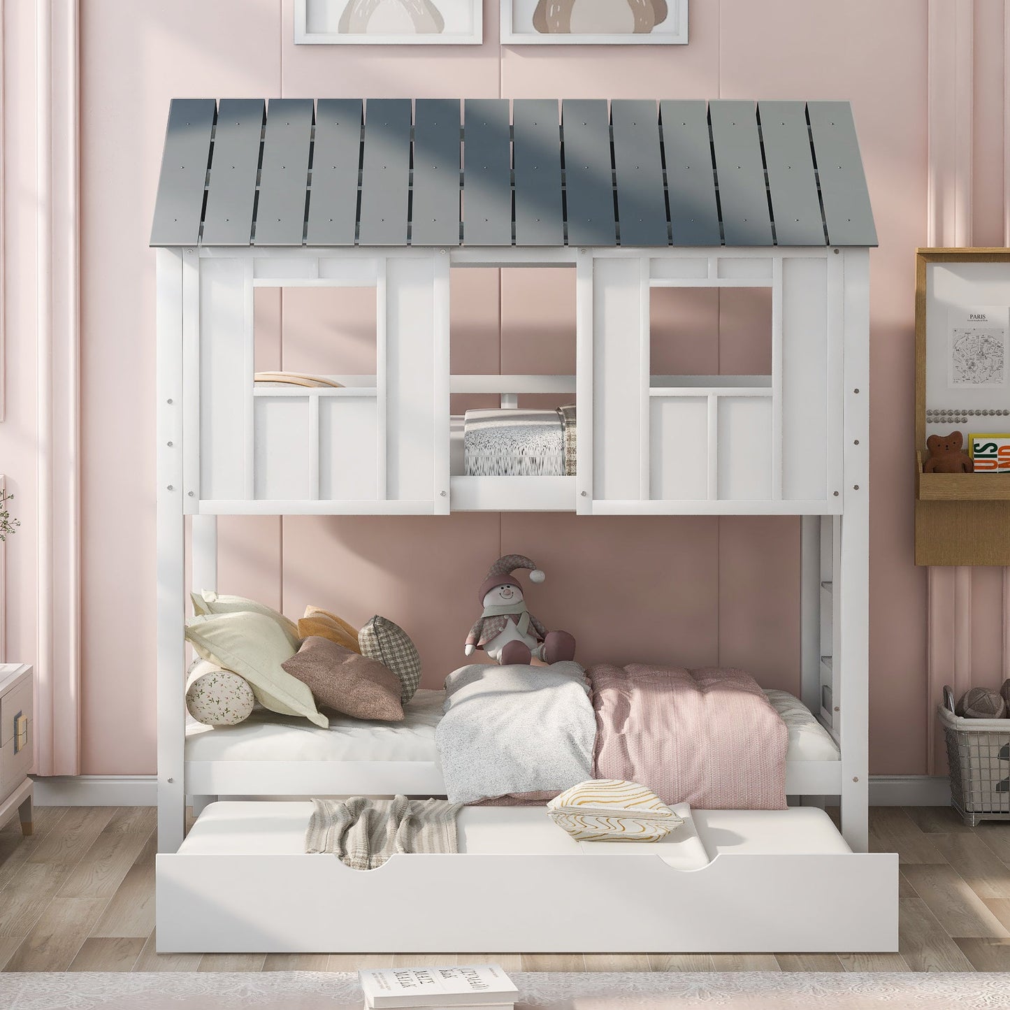 House Bunk Bed with Trundle,Roof and Windows White - Korvel
