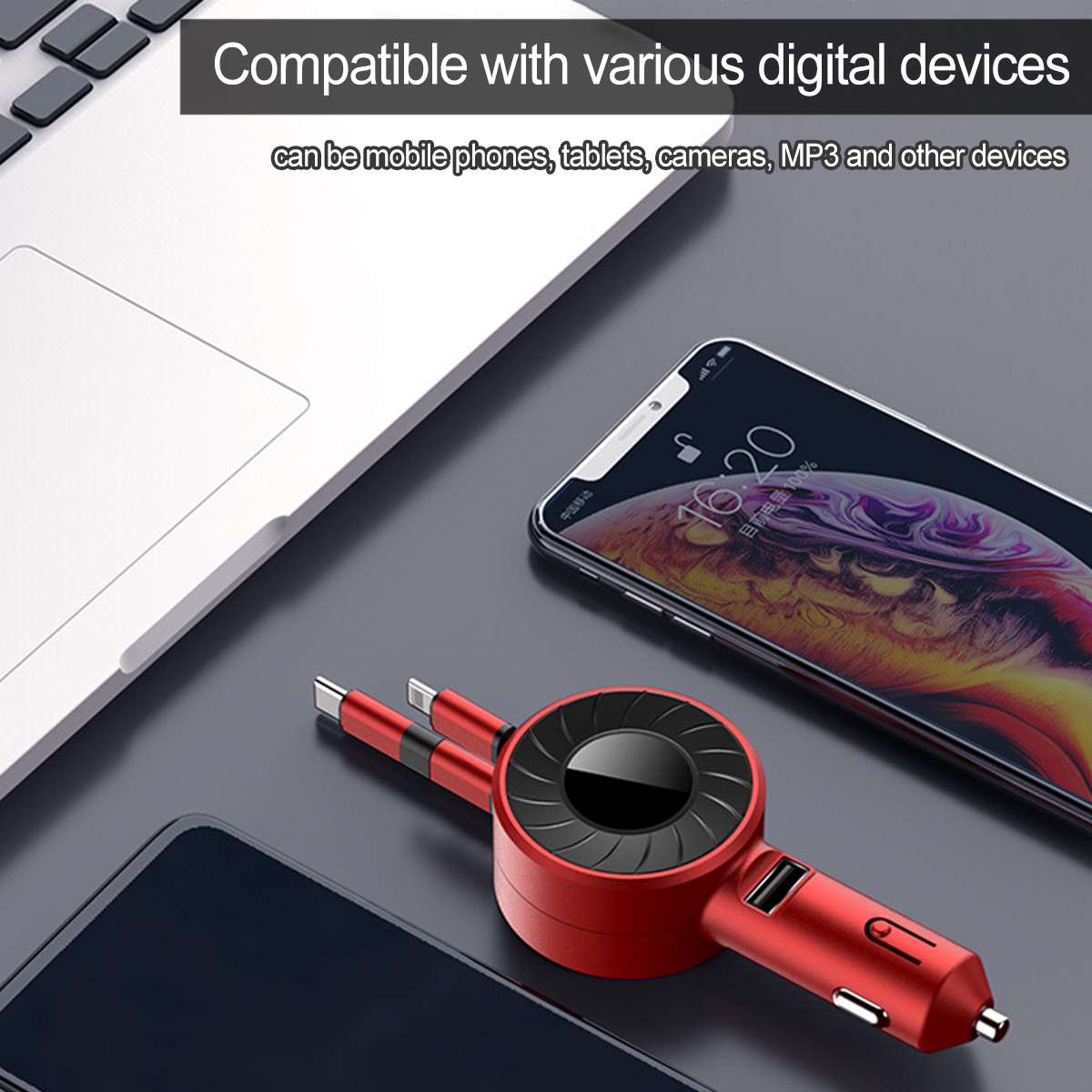 3-IN-1 Retractable Car Charger for iOS/Android/Type-C Devices