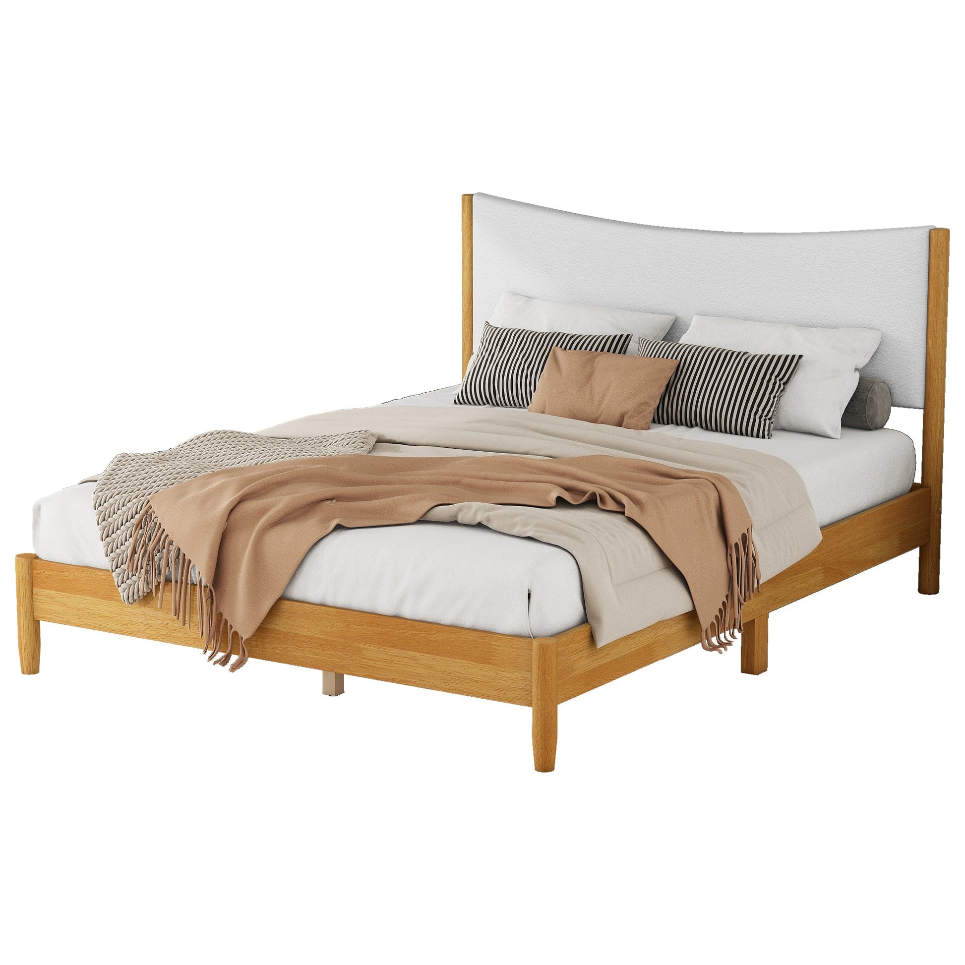 Queen Size Rubber Wooden , Solid Wooden Bed with Teddy Velvet Cushion Upholstered Headboard, Enhanced by Support Feet - Korvel