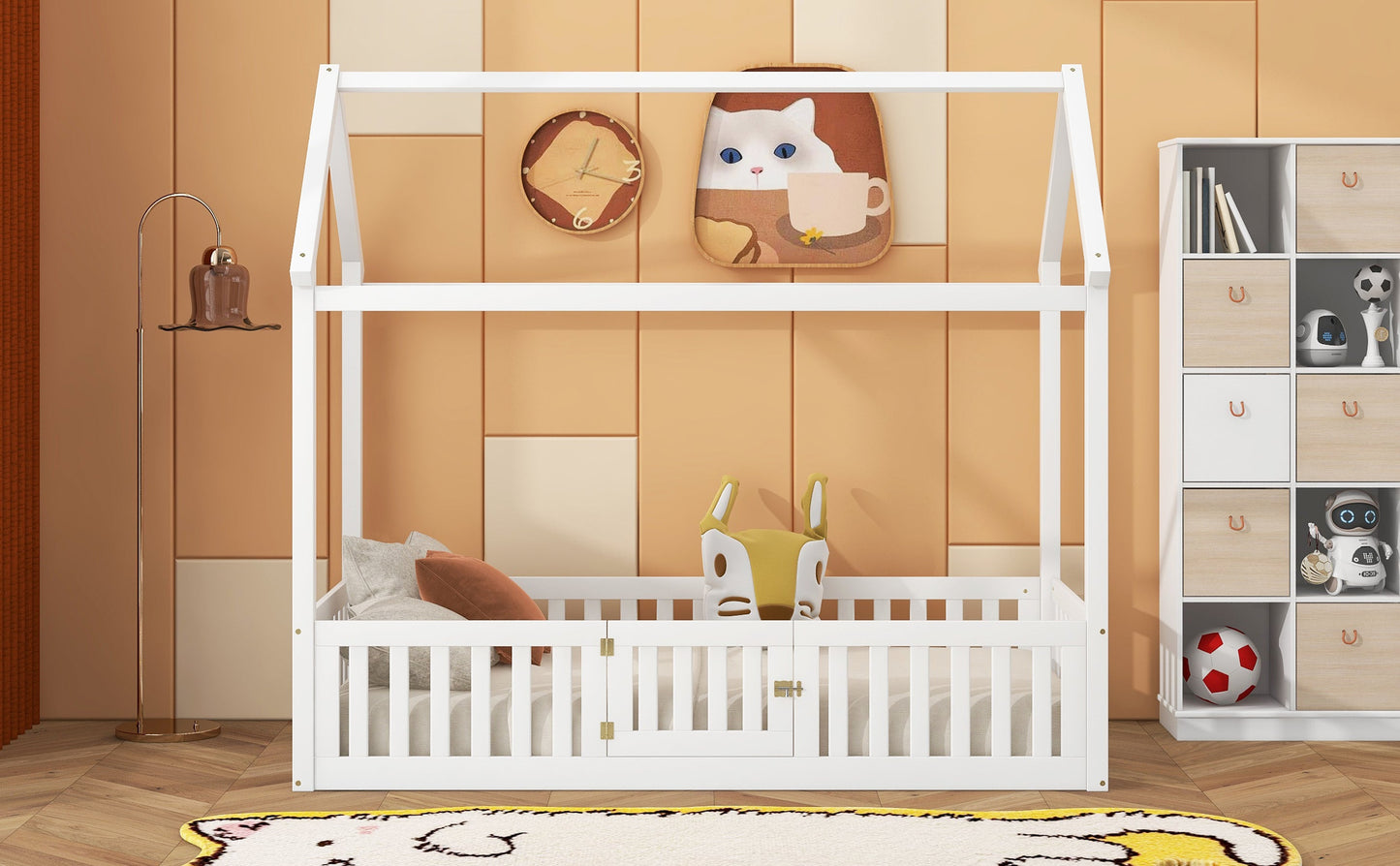 Twin Size Wood House Bed with Fence and Door, White - Korvel