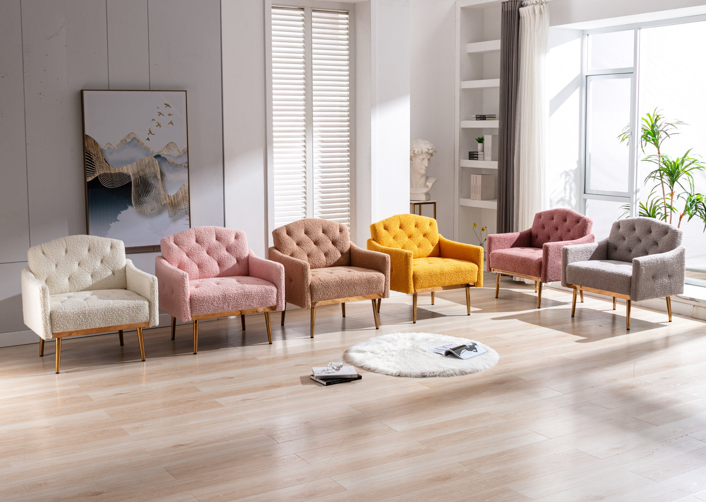 COOLMORE modern style armchair, plush decorative fabric armchair with golden metal legs (white teddy bear) - Korvel