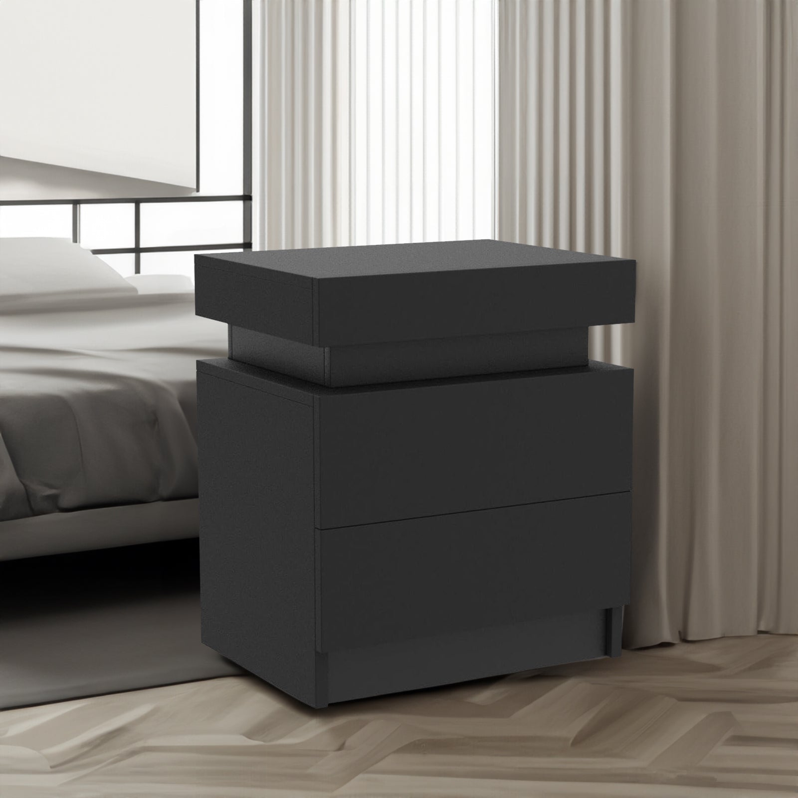 Modern Black LED Nightstand with Led Lights Bedside table with 2 High Gloss Drawers for Bedroom - Korvel