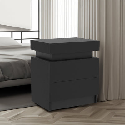 Modern Black LED Nightstand with Led Lights Bedside table with 2 High Gloss Drawers for Bedroom - Korvel