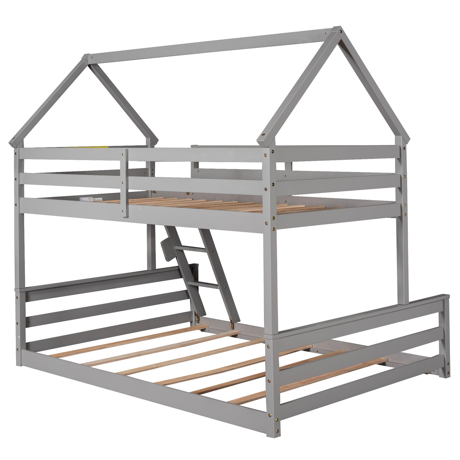Twin over Full House Bunk Bed with Built-in Ladder Gray - Korvel