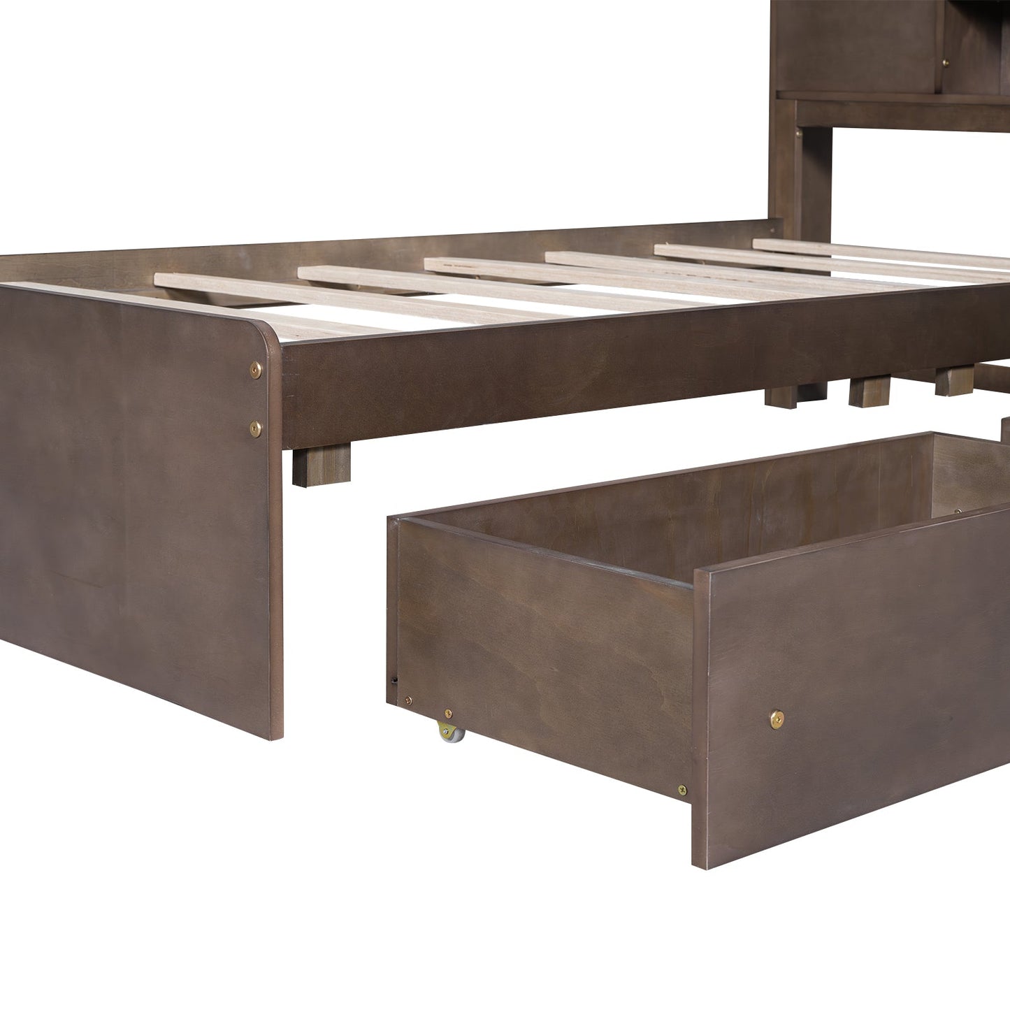 Twin Size Wood Platform Bed with House-shaped Storage Headboard and 2 Drawers Walnut - Korvel