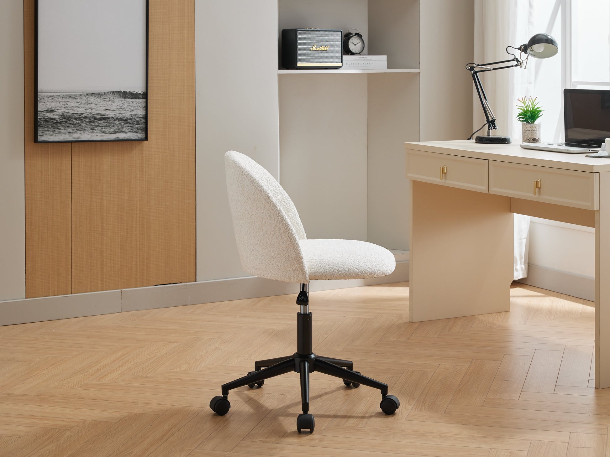 Velvet fabric office chair, mid back adjustable rotating computer chair, black legs, cushioned office chair with wheels ，White - Korvel