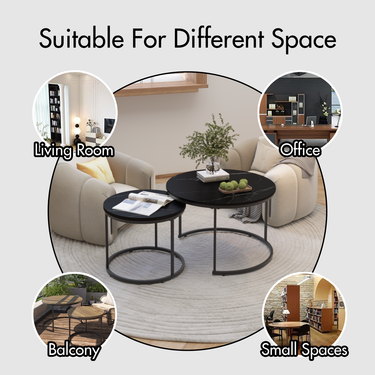 A set of nested coffee tables, 27.6-inch round coffee table, wooden marble patterned tabletop, sturdy metal frame (black) - Korvel