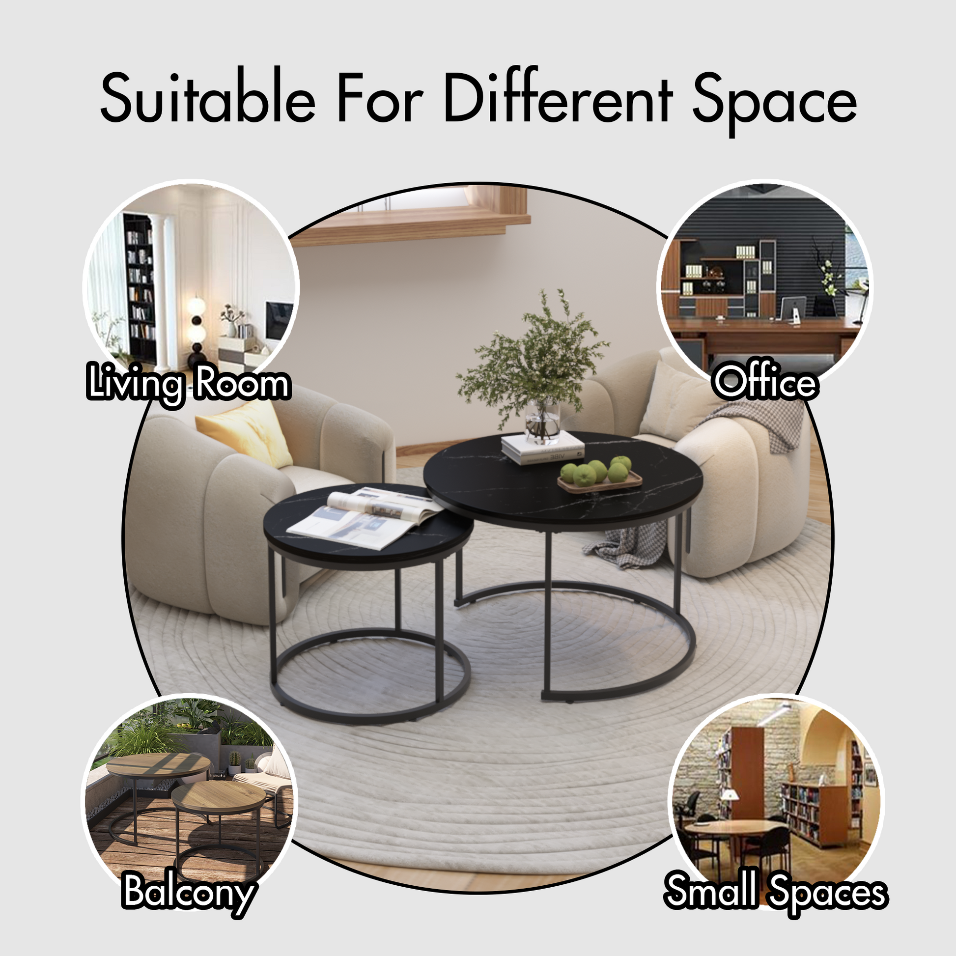 A set of nested coffee tables, 27.6-inch round coffee table, wooden marble patterned tabletop, sturdy metal frame (black) - Korvel