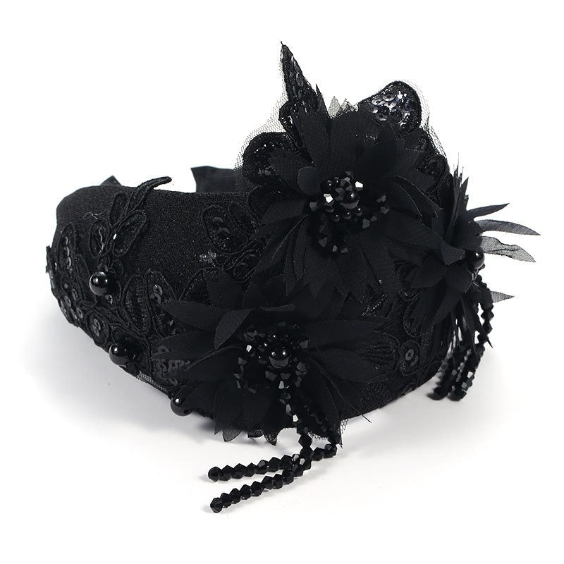 Hand embroidered three-dimensional simulation crystal flower headband pearl headband - Korvel