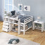 Full Size Low Loft Bed with Rolling Portable Desk, Drawers and Shelves, White - Korvel