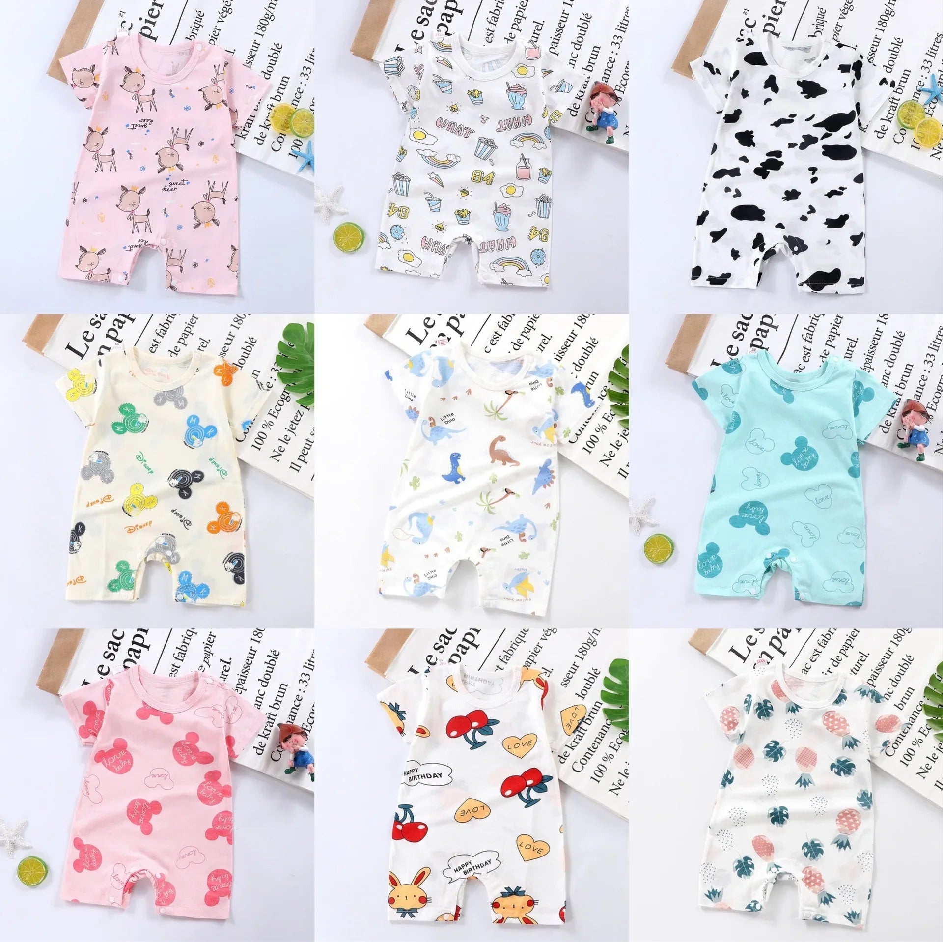 Cotton Newborn Baby Cartoon Short Sleeve Knitted Romper Boy Girl Summer Clothes Bebe Thin Pajamas One Pieces Bodysuit 0-24M - Korvel