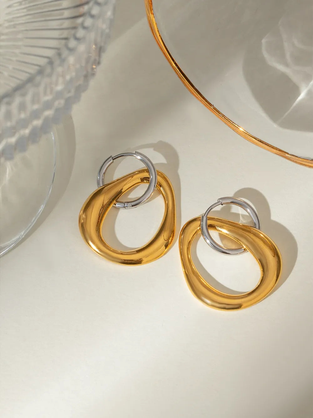 18K Gold-Plated Stainless Steel Contrast Asymmetrical  Earrings - Korvel