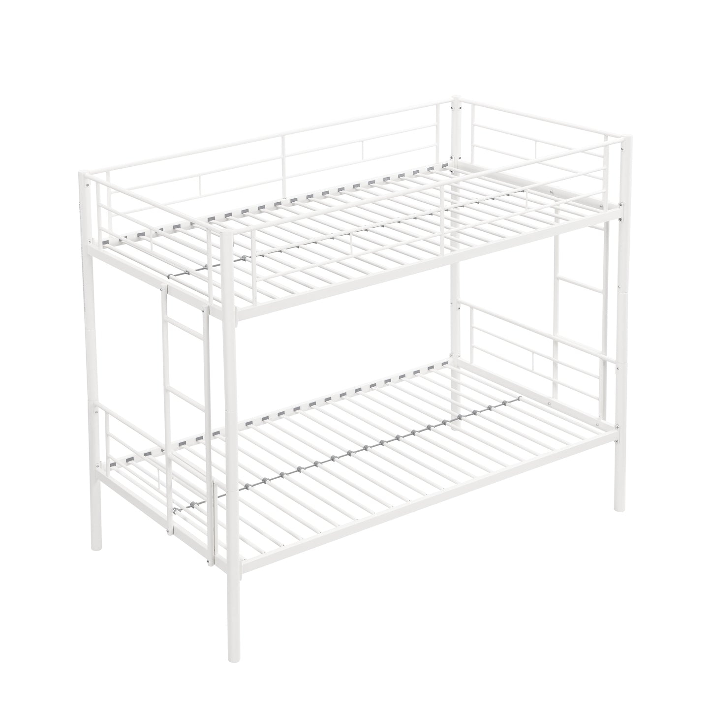 Twin metal bunk beds, metal structure bed frame with safety guardrails and 2 ladders, convertible bunk beds, white - Korvel
