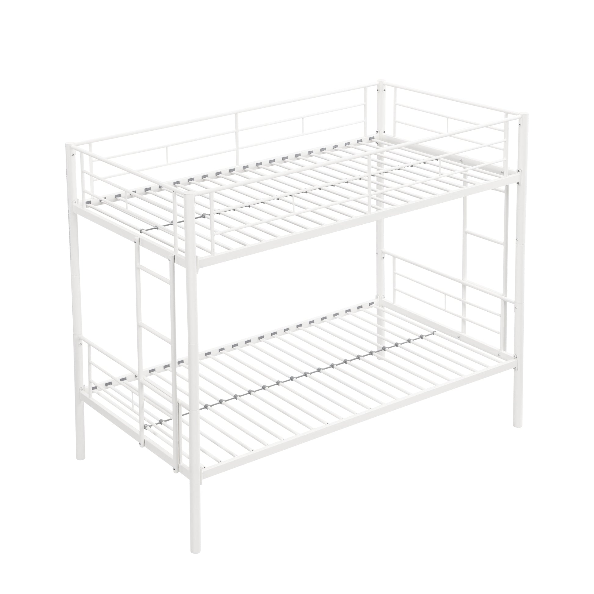 Twin metal bunk beds, metal structure bed frame with safety guardrails and 2 ladders, convertible bunk beds, white - Korvel