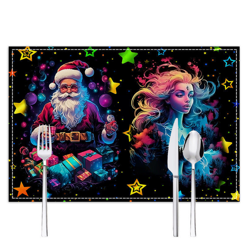 Christmas table mat with white linen starry sky and Santa Claus print - Korvel