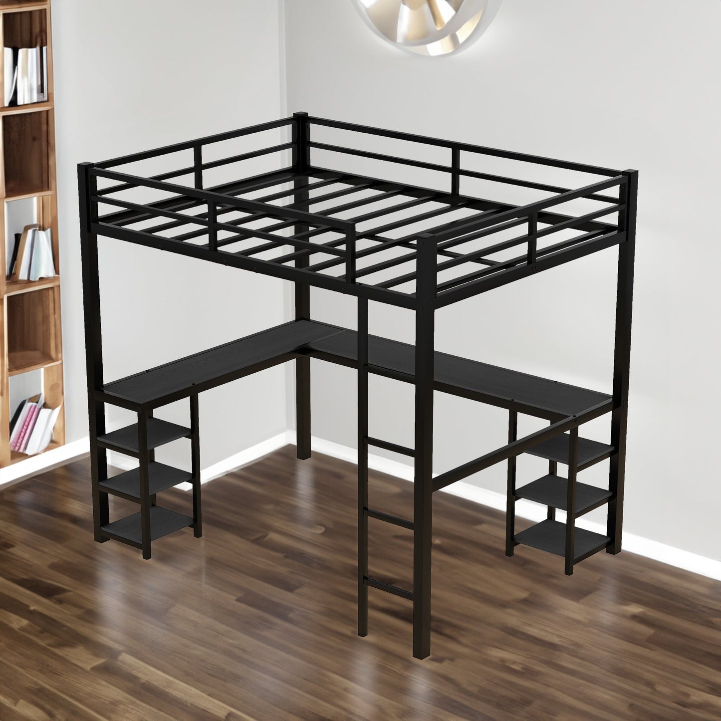 Cama loft de metal negro premium con escritorio y estantes