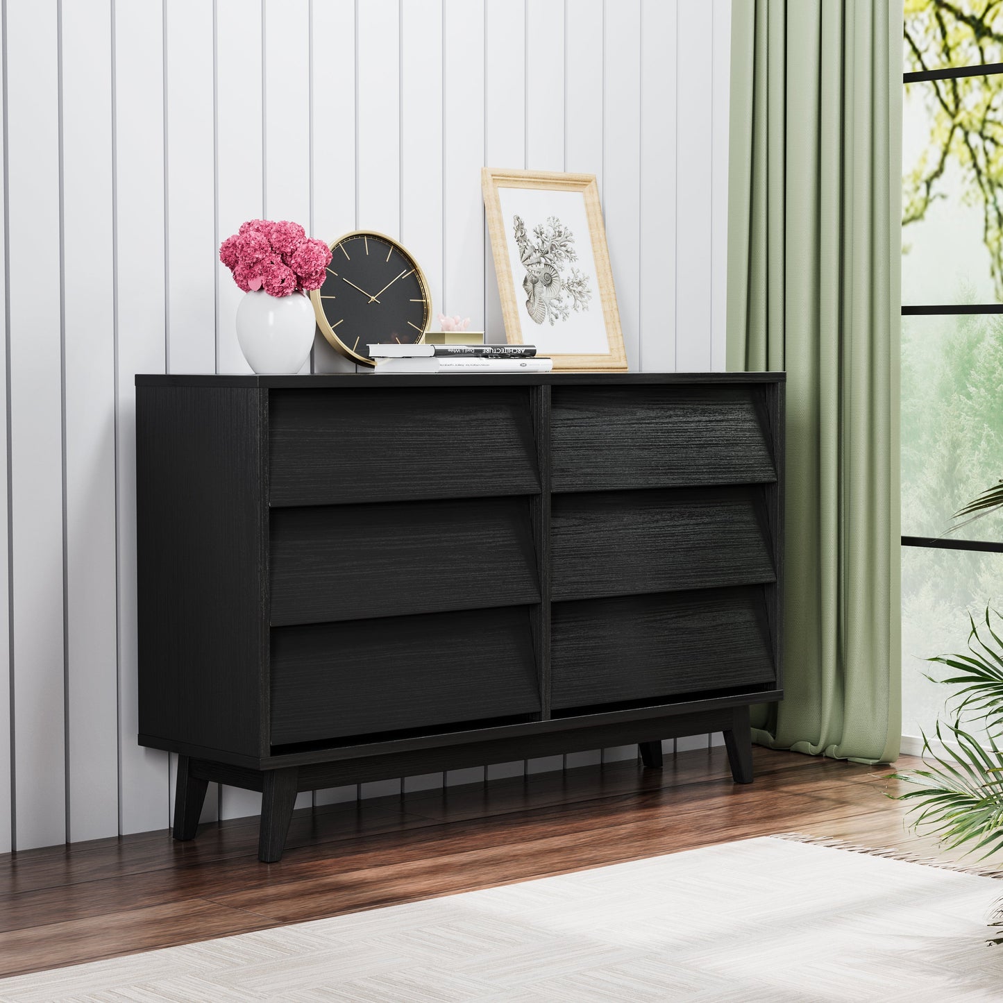 6 Drawer Double Dresser Features Vintage-style and Bevel Design - Korvel
