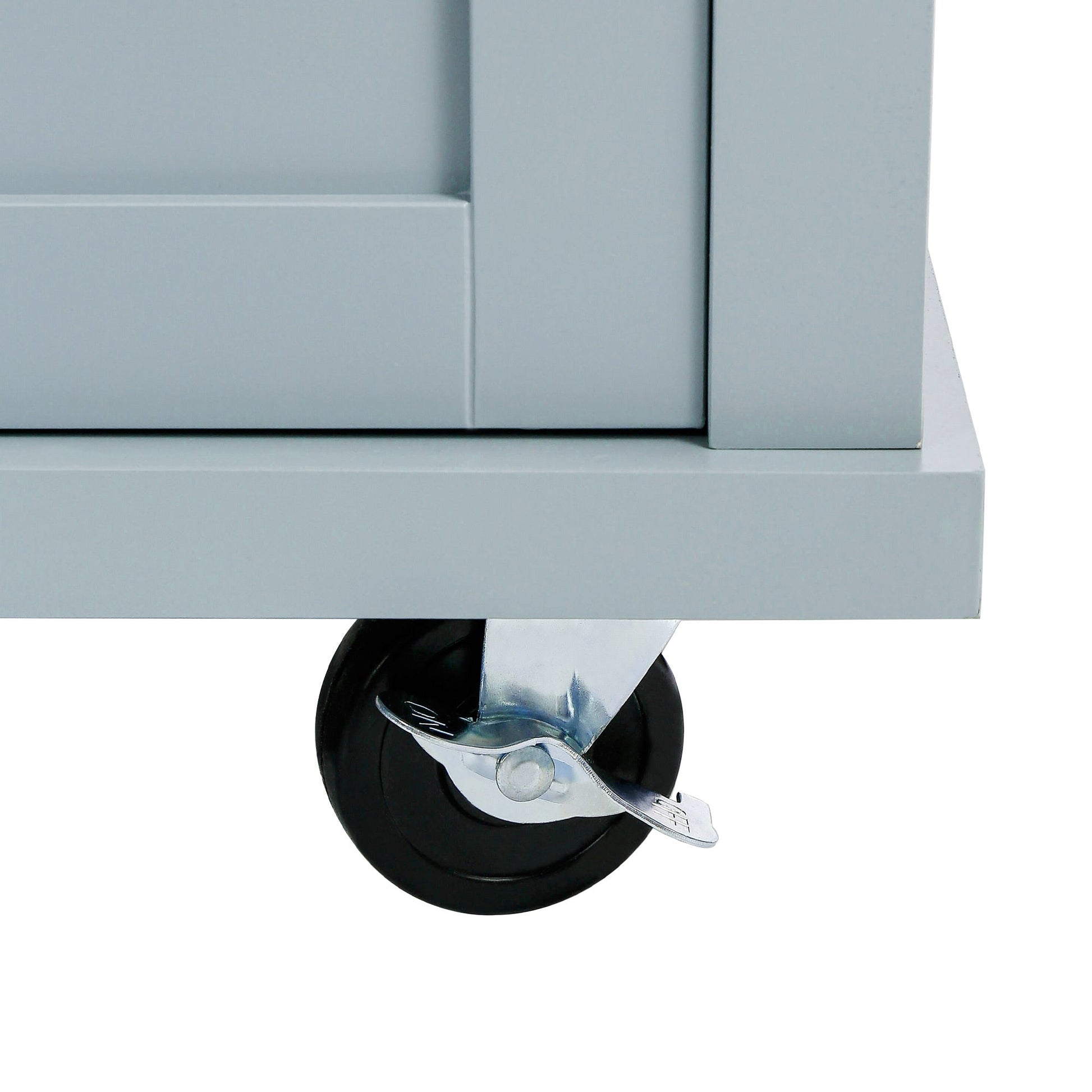 Kitchen handcart with rubber wood leaf countertop, storage cabinet, shelf, and 3 dining room drawers, gray blue - Korvel