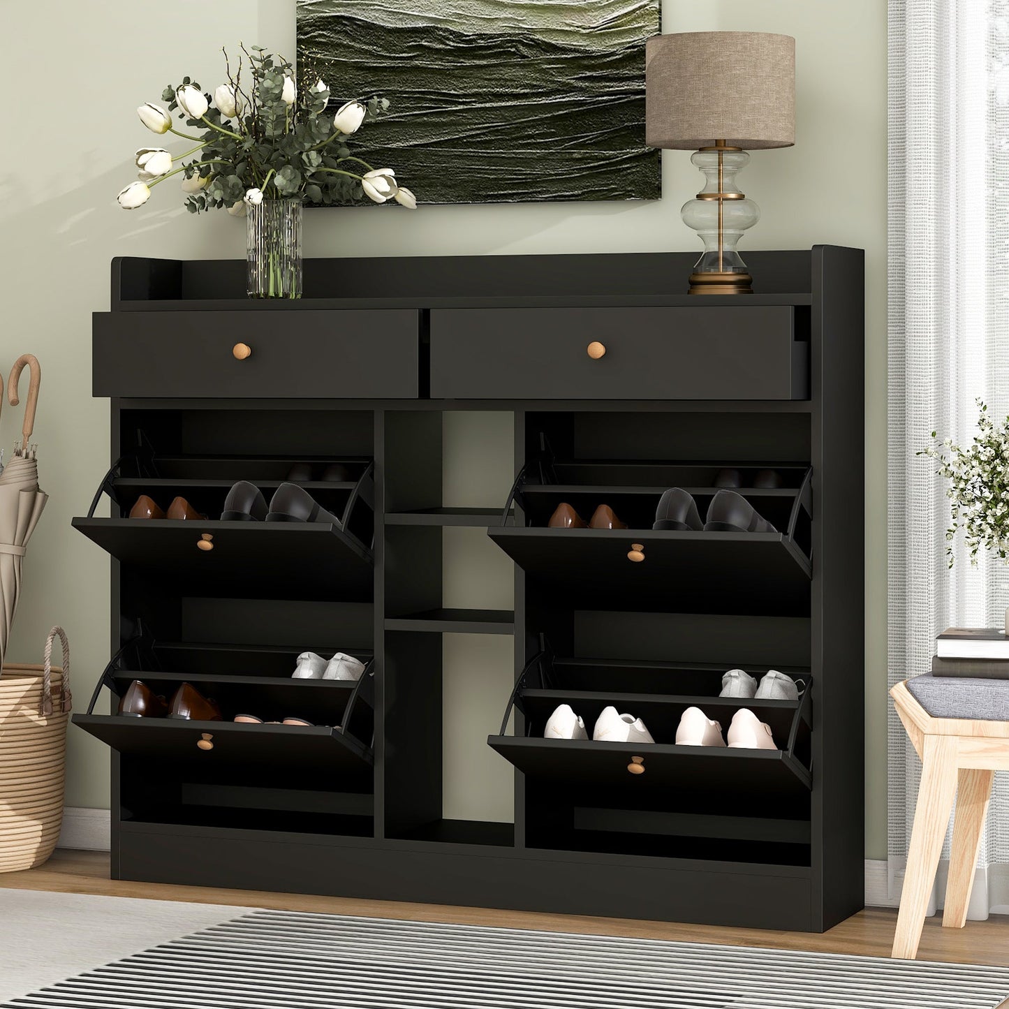 Cabinet à chaussures moderne ONTREND avec 4 tiroirs basculants - Noir