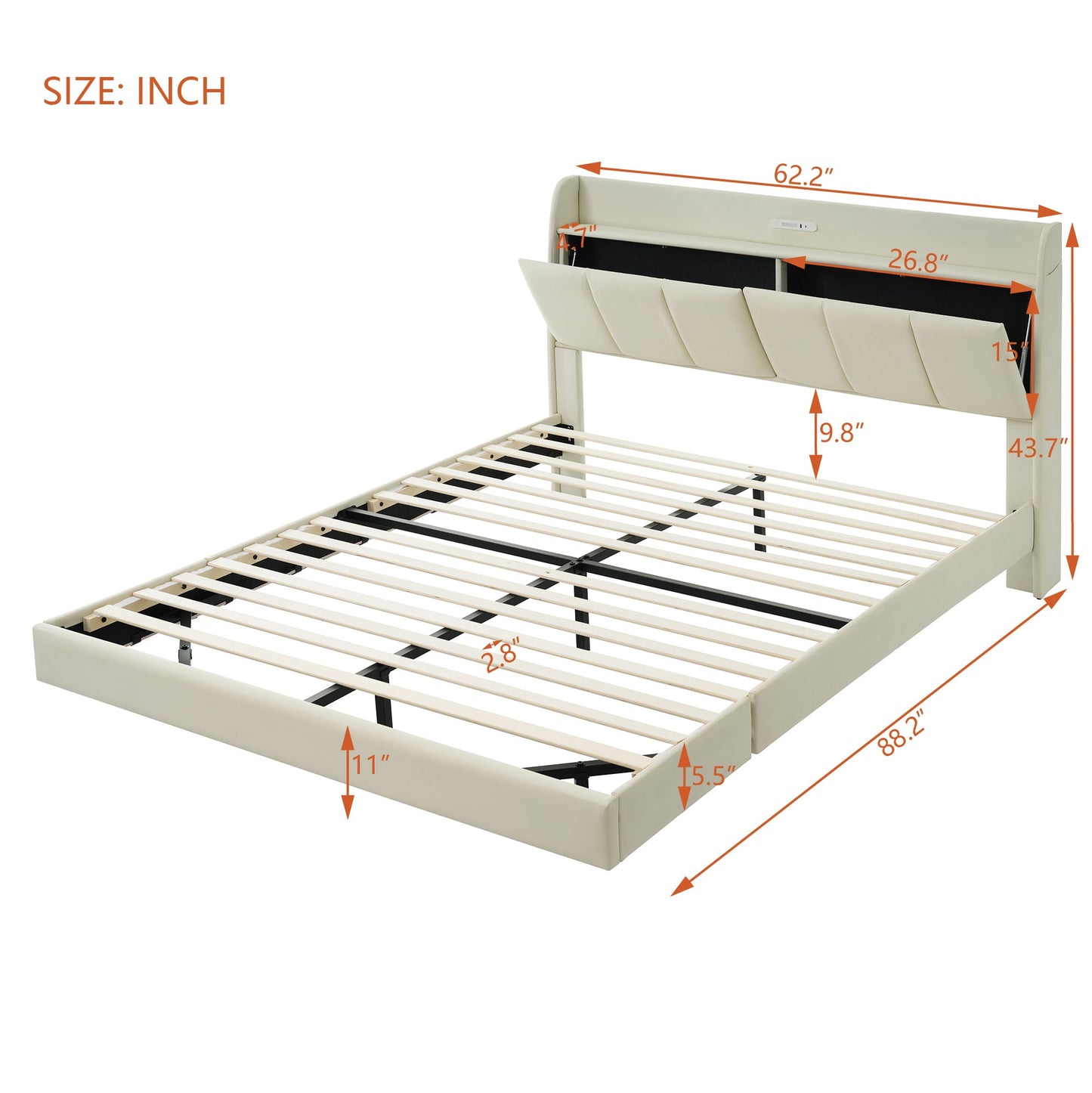 Large floating bed frame with storage headboard, touch sensor, night light and USB charger, padded platform bed, beige color - Korvel