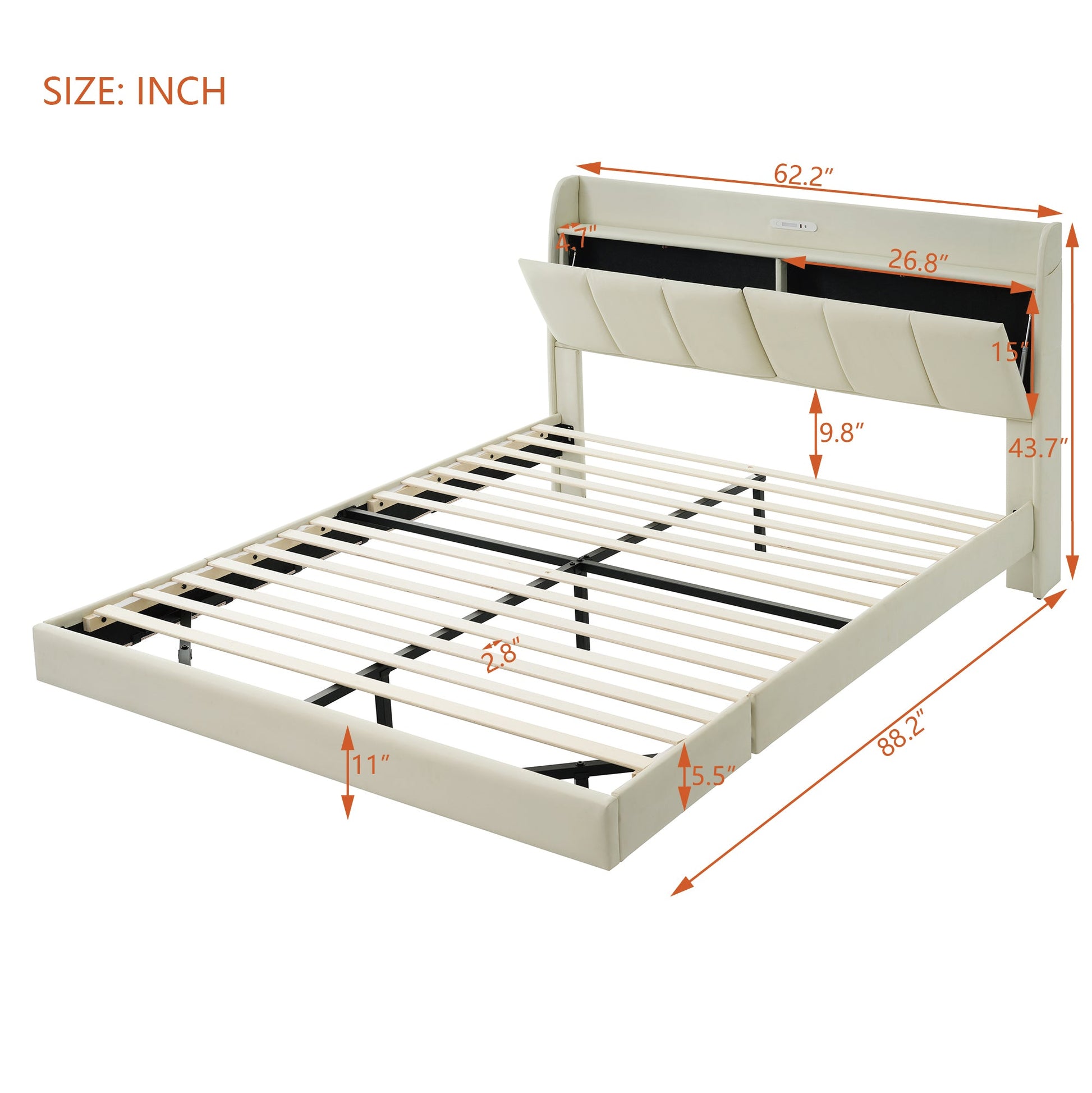 Large floating bed frame with storage headboard, touch sensor, night light and USB charger, padded platform bed, beige color - Korvel