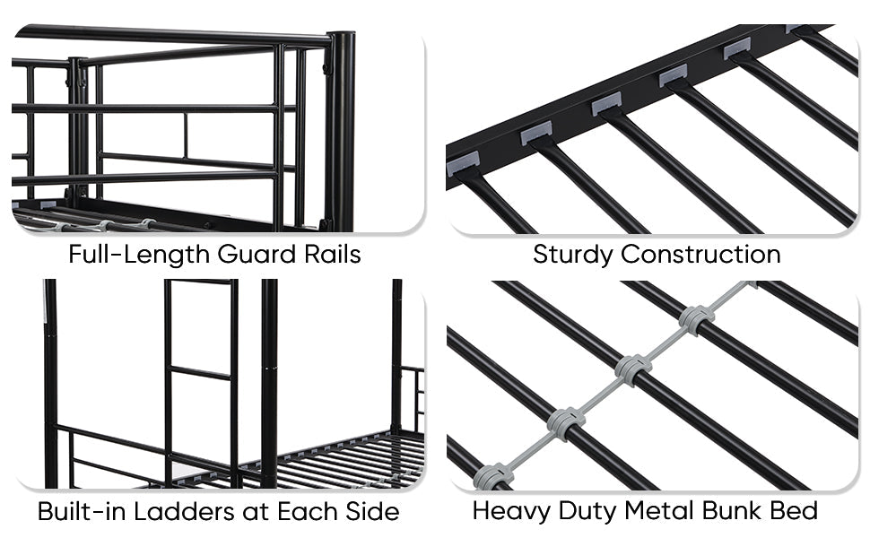 Premium Bunk Bed with Dual Ladders and Guardrail - Black
