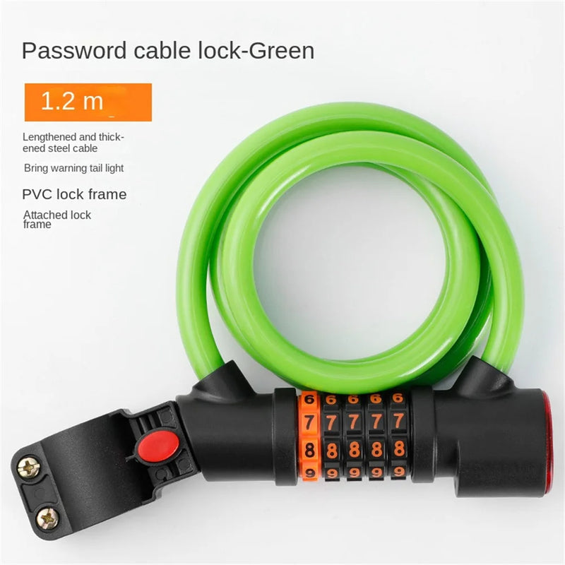 1.2M/1.8M Bike Lock Anti-theft 5 Digit Combination Password Security Lock With LED Light MTB Road Bike Steel Cable Bicycle Lock - Korvel