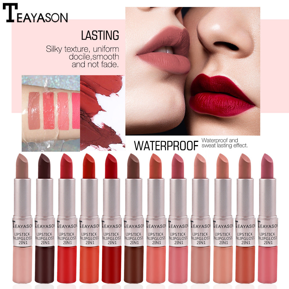 Double-Headed Non-Stick Cup Matte Matte Lip Gloss Two-In-One Matte Bean Paste Does Not Fade With Cup Lipstick Female - Korvel