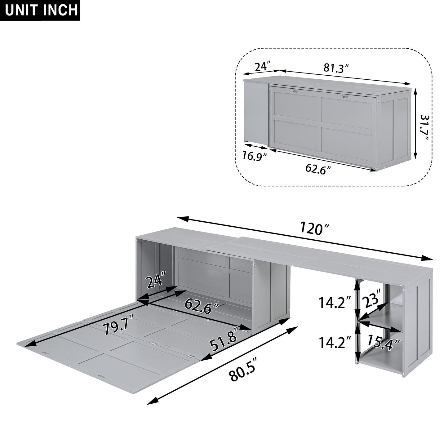 Queen Size Murphy Bed with Rotable Desk  Gray - Korvel