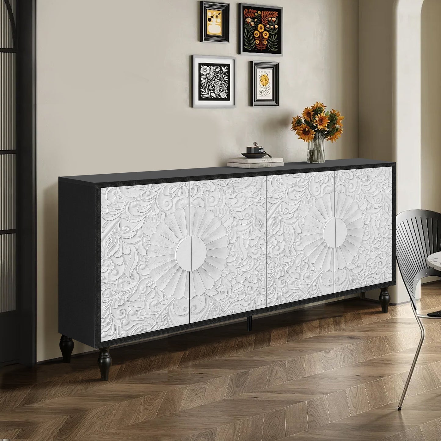 Vintage White Large Faceted Carved Sideboard with Black Frames