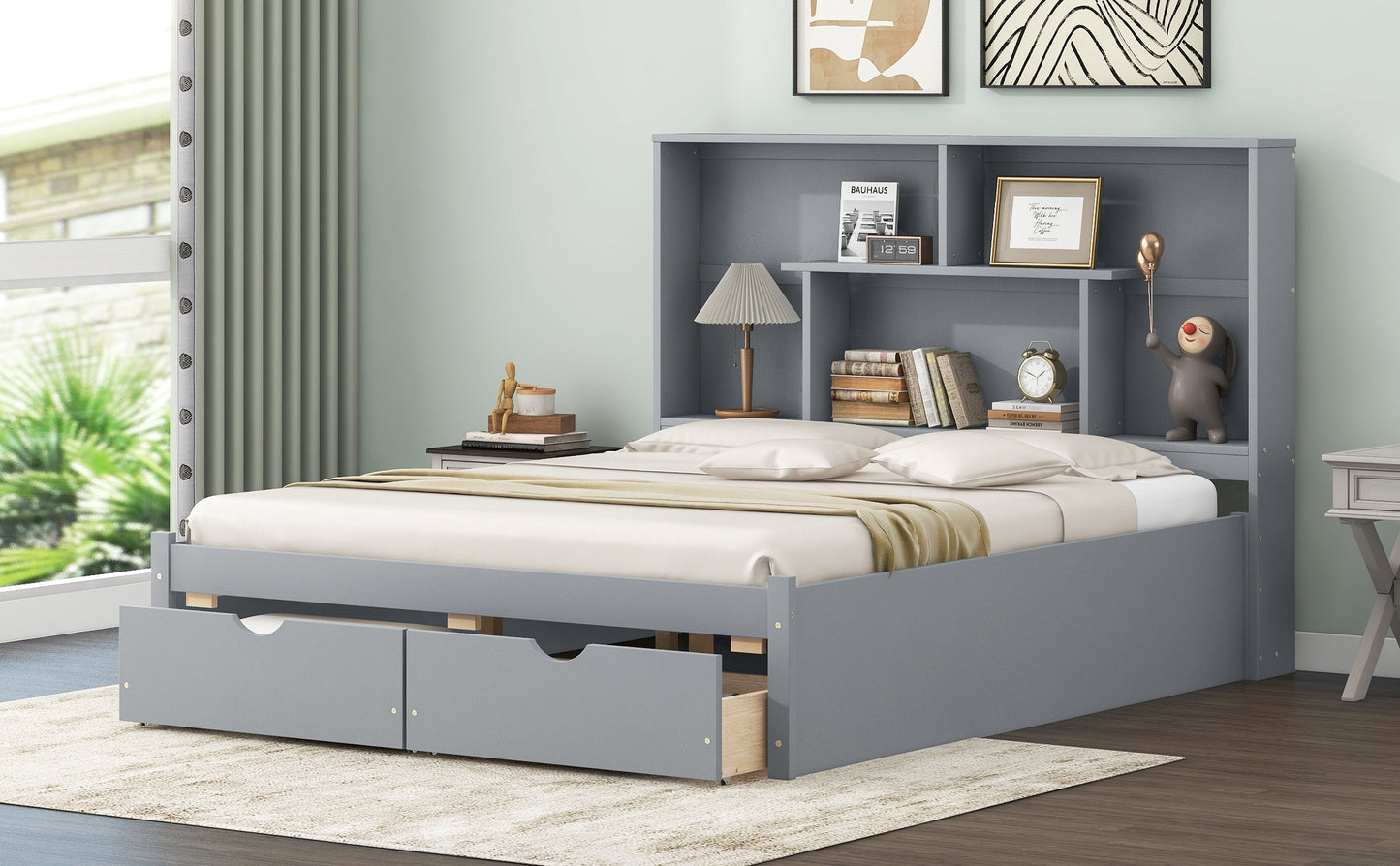 Elegant Queen Size Platform Bed with Storage Headboard, Gray