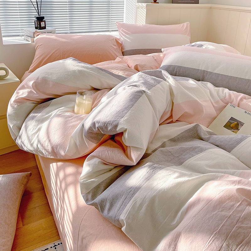 Cotton Dyed Washed Cotton Bedding Set Pure Cotton A Class Flat Sheet Quilt Cover Fitted Sheet Quilt Cover Three-Piece Set Striped - Korvel