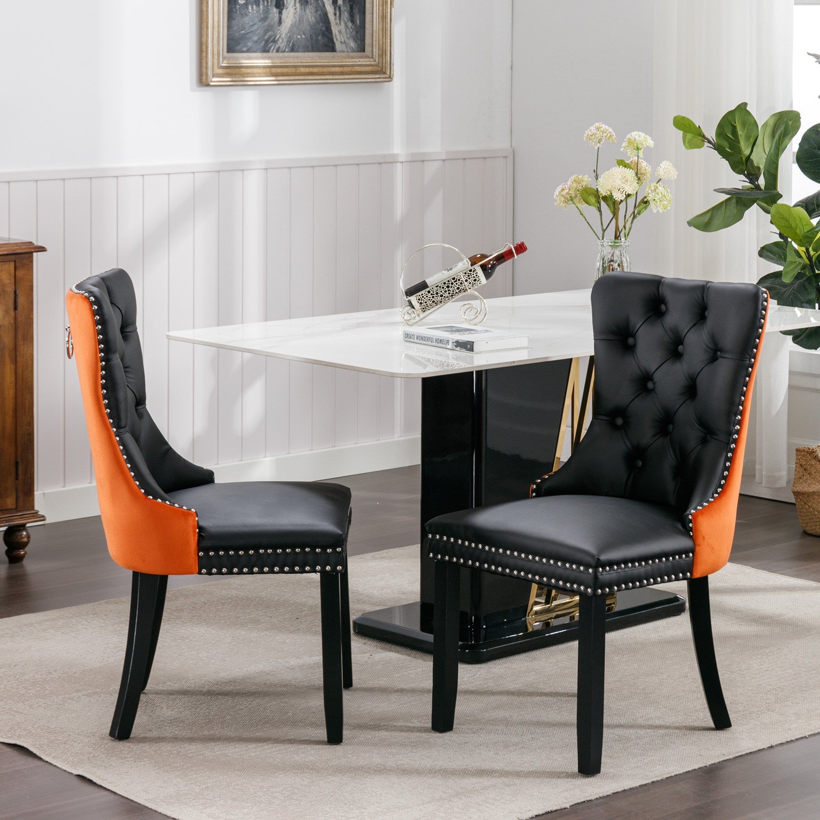 Tufted Solid Wood Contemporary PU and Velvet Upholstered Dining Chair with Wood Legs Nailhead Trim 2-Pcs Set Black+Orange - Korvel