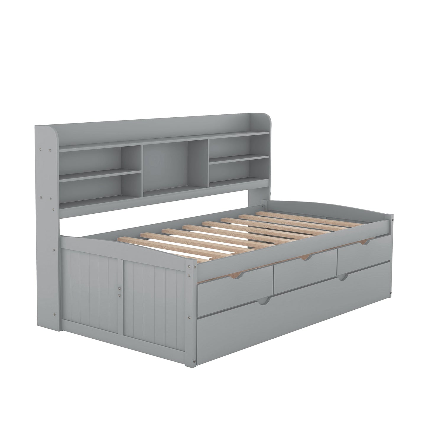 Twin Size Wooden Captain Bed with Built-in Bookshelves,Three Storage Drawers and Trundle Light Grey - Korvel