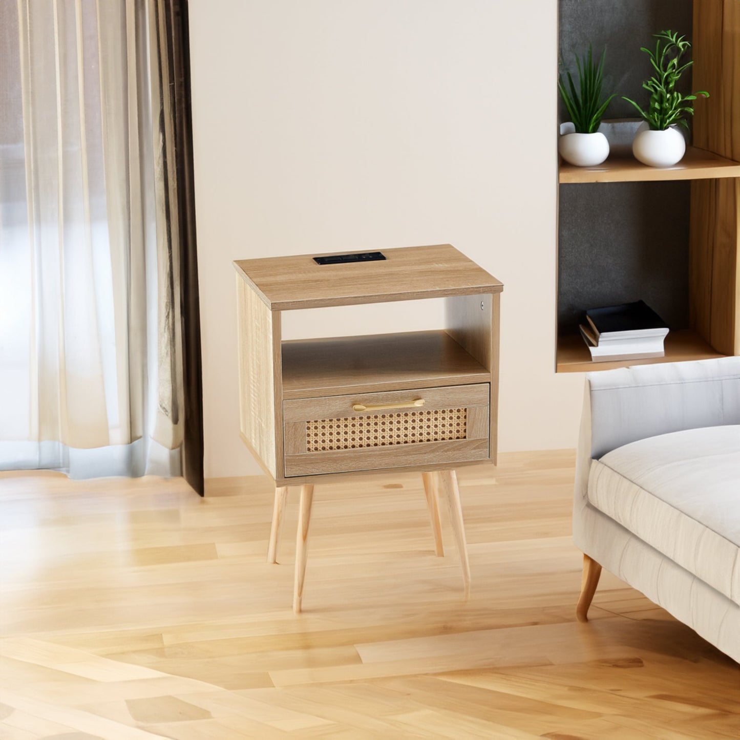 15.75" Rattan End table with Power Outlet & USB Ports  Modern nightstand with drawer and solid wood legs - Korvel