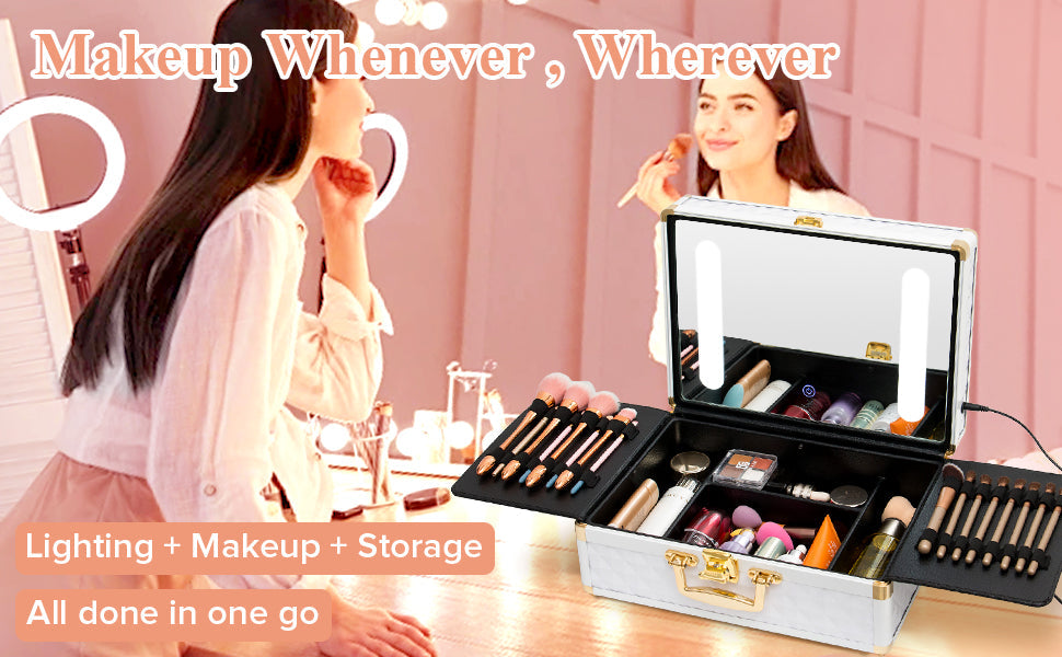 Portable makeup case, travel makeup bag with LED mirror, locked makeup storage box, brush holder, divider, rechargeable, white - Korvel
