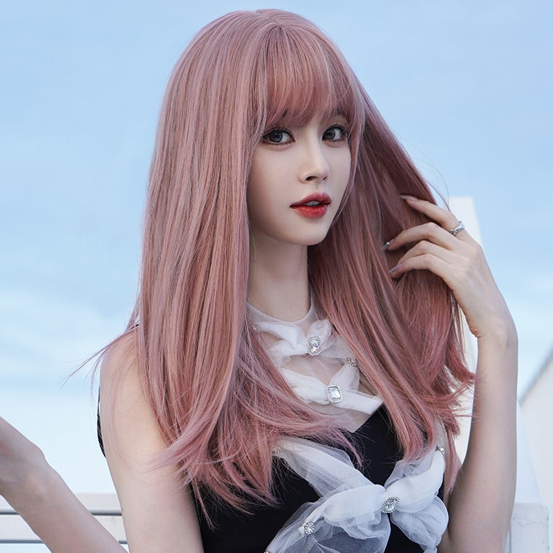 Peluca larga rosa premium con flequillo para looks elegantes