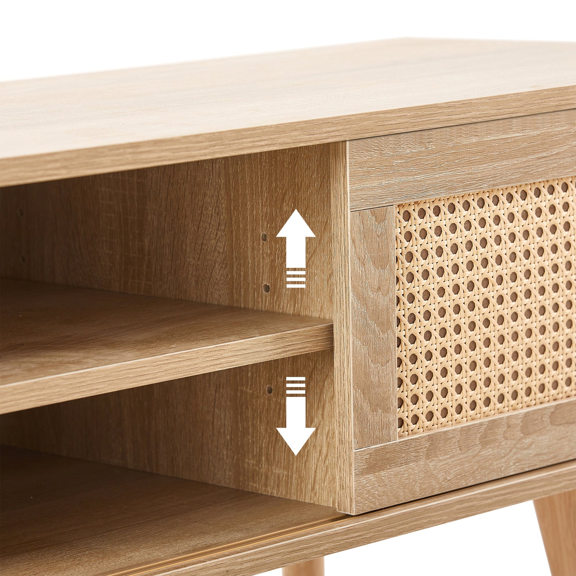 55.12" Rattan TV cabinet double sliding doors for storage adjustable shelf solid wood legs TV console for living room natural - Korvel