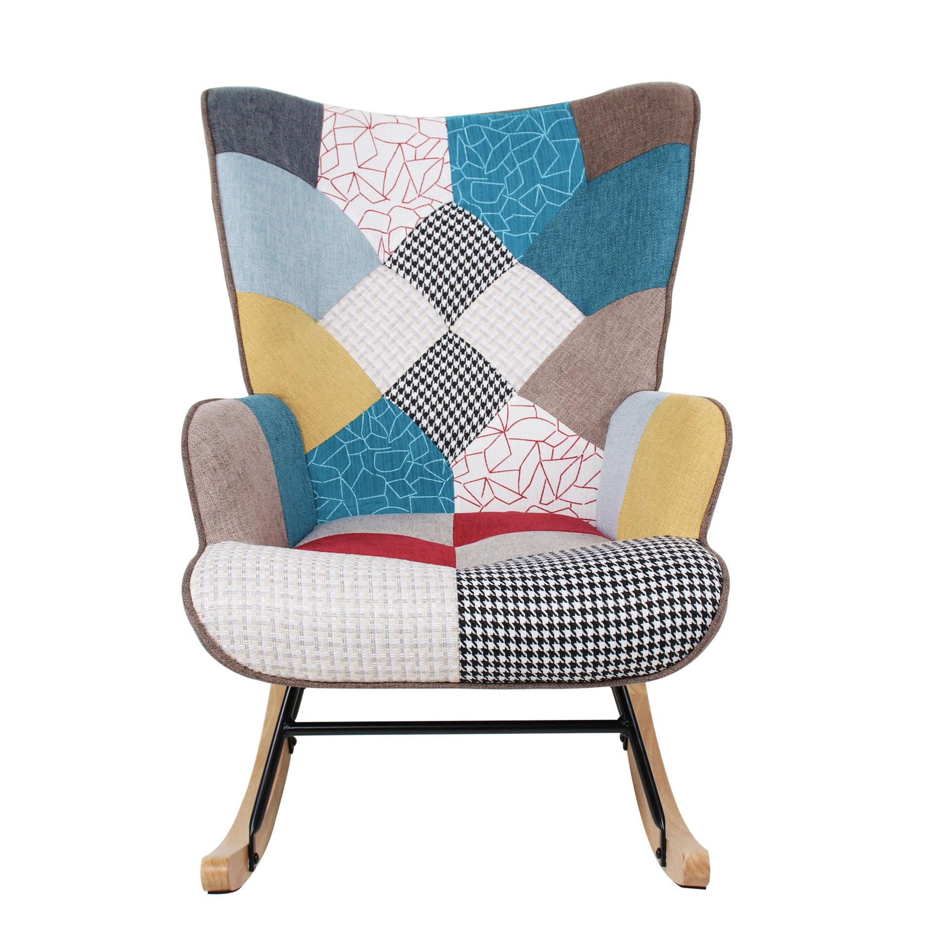 Rocking Chair with ottoman, Mid Century Fabric Rocker Chair with Wood Legs and Patchwork Linen for Livingroom Bedroom - Korvel