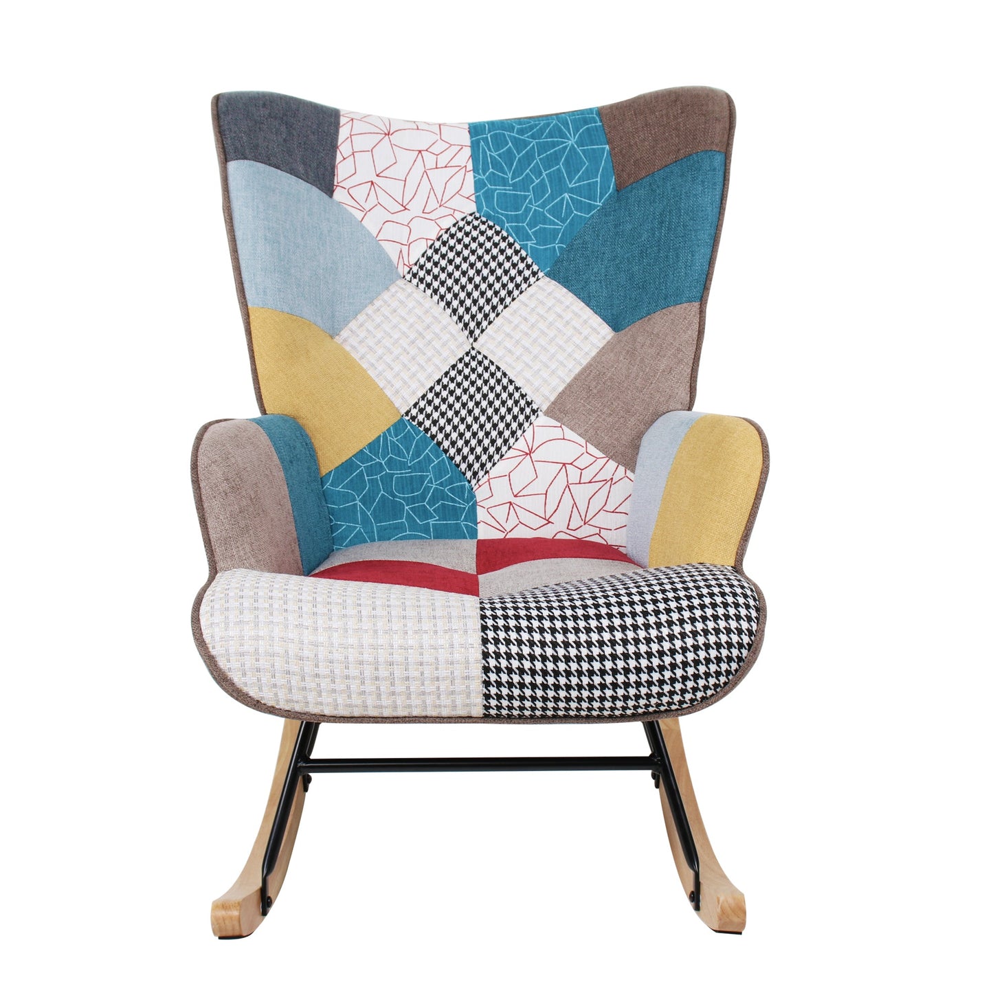 Mid Century Rocking Chair with Ottoman - Patchwork Linen