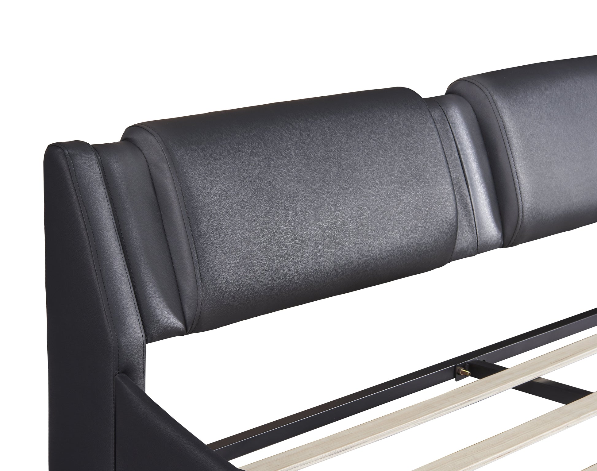 Queen Size Upholstered Faux Leather Platform Bed with LED Light Bed Frame with Slatted - Black - Korvel